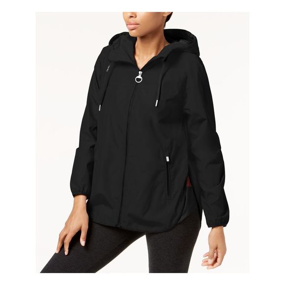 CALVIN KLEIN Jackets & Blazers - CALVIN KLEIN Womens Black Drawstring Mesh Lined Split Side Hooded Jacket S